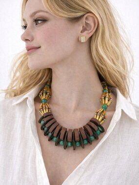 NWT Max Mara Weekend Statement Necklace Wood Gold Beaded Designer